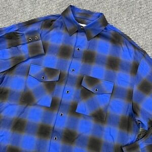 IRO Zephyr 21S Mens Large Blue Black Plaid‎ Button Up Shirt 100% Viscose Casual